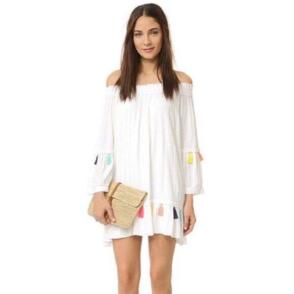 Blush Boho Off The Shoulder Fiesta Dress Wit Rainbow Tassels Fully Lined Size S - Picture 1 of 13